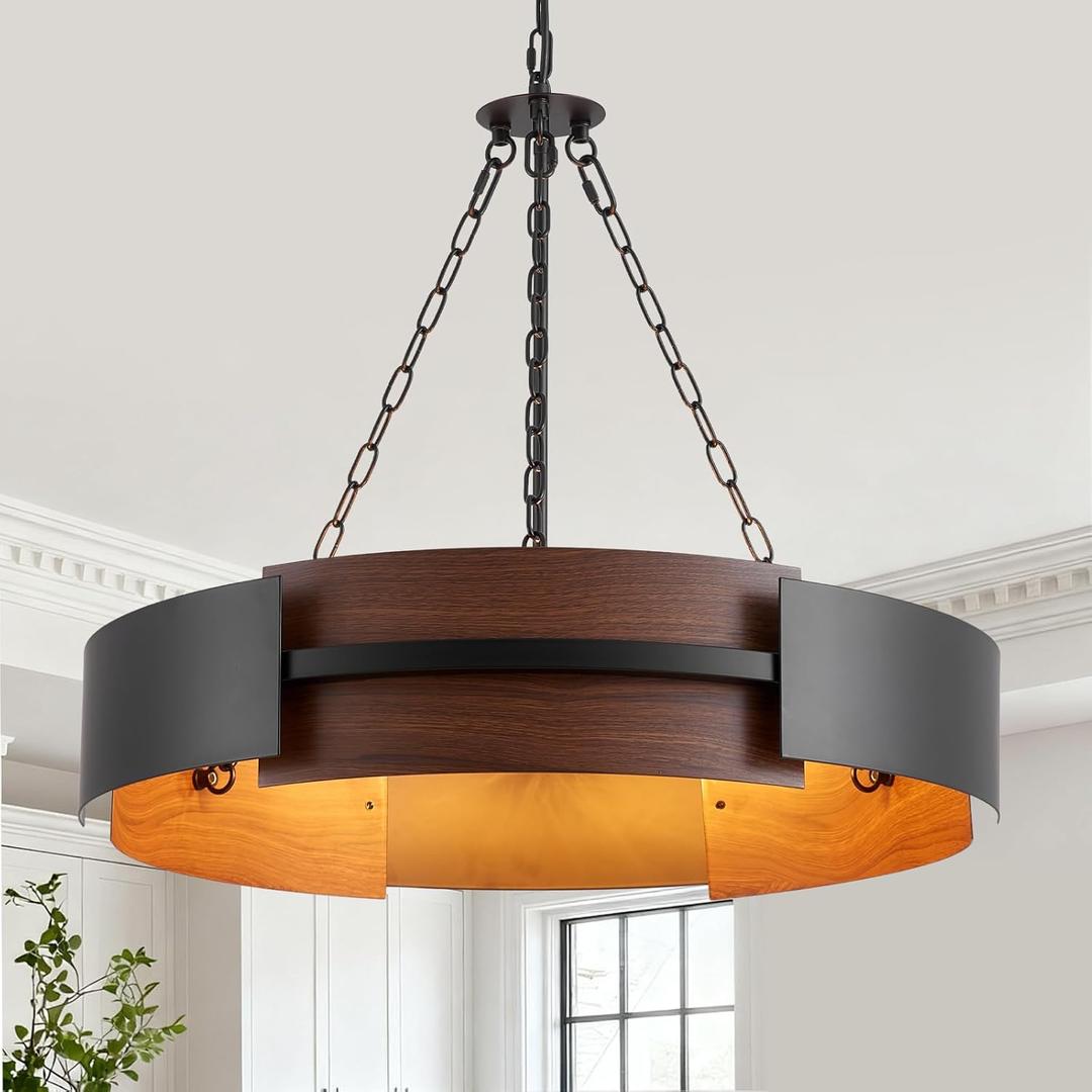 Modern Farmhouse Chandelier 26" Industrial Drum Pendant Lighting Fixture 5-Light Black Walnut Grain Finish for Dining Room Kitchen Island Office Living Room