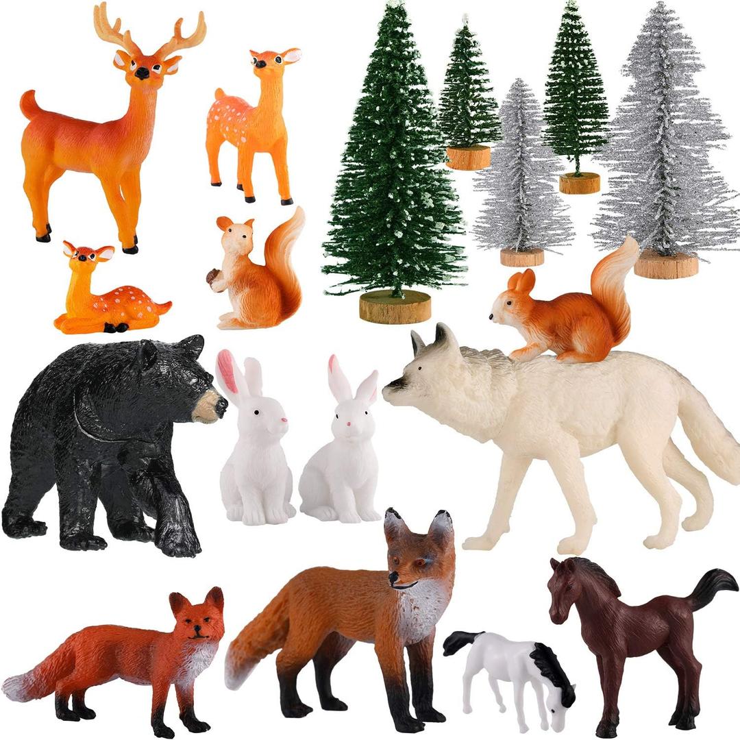 Skylety 18 Pcs Forest Animal Figures Toy Set with Trees, Woodland Animal Toys for Kids Pretend Play, Wildlife Figurines Learning Playset for Toddlers Classroom Diorama Party Decorations