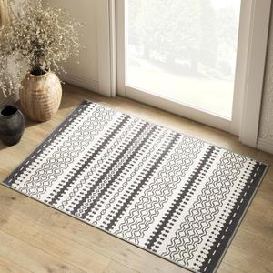 jinchan Geometric Honeycomb 3x5 Area Rugs for Entryway - Moroccan Machine Washable Doormat Bohemian Modern Ultra-Thin Non-Slip Carpet for Bathroom Kitchen Living Room Bedroom (3x5ft,Black) (3' x 5' (Rectangular), Black on Beige)