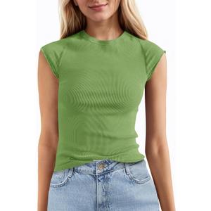 Tankaneo Womens Cap Sleeve Tops Crew Neck Ribbed Knit T Shirt Summer Casual Slim Fit Basic Tees Tshirt (Green)