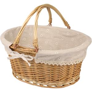Large Multipurpose Wicker Basket with Handle, 14.2 x 11 x 6.7 in Wicker Picnic Basket with Liner, Empty Gift Basket, Oval Willow Woven Basket for Fruit, Gathering, Wedding, Picnic, by GNIEMCKIN (1 PCS Large Circular vine)