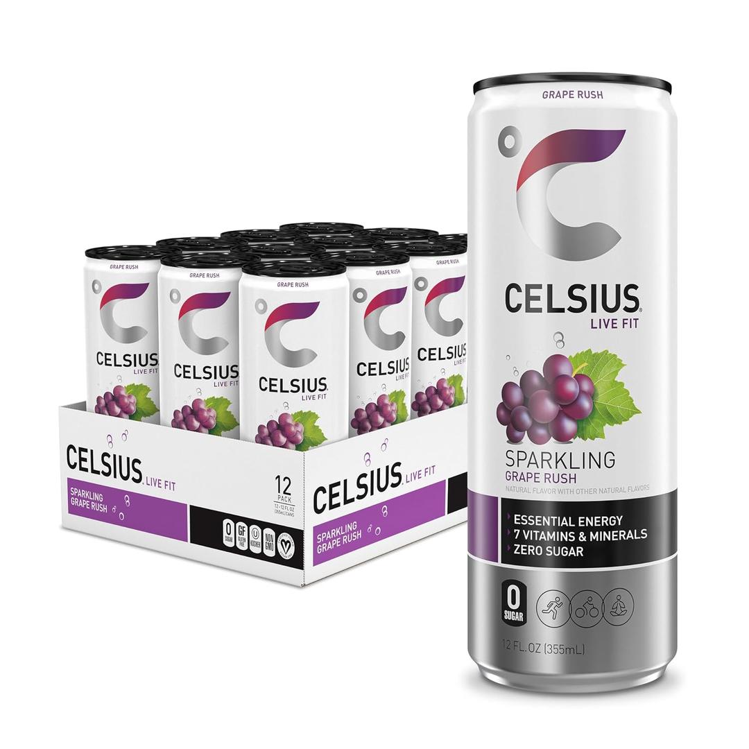 CELSIUS Sparkling Grape Rush, Sugar Free Energy Drink, 12 Fl Oz (Pack of 12) (EXP 11/30/26)
