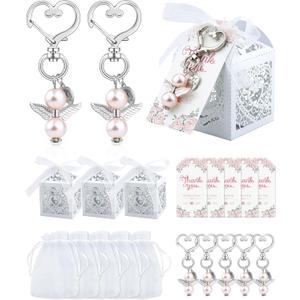 100 Pcs Baby Shower Favors for Girls, Angel Keychains Baptism Favor Boxes White Organza Bags with Drawstring Thank You Tags for Baby Shower Baptism Party Gift, 25 Sets (Pink) (multiple sizes)