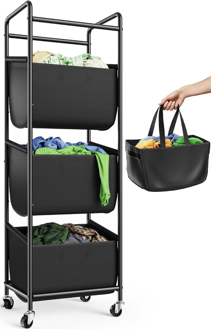 3 Section Laundry Sorter with Removable Bags, 120L Rolling Vertical Laundry Hamper, Stackable Laundry Baskets organizer for Bathroom, Apartment, Dorm (Black, With Wheel)