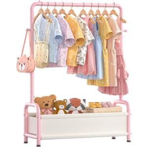 Kids Clothing Rack with Storage Shelf, Kids Dress Up Storage for Coats, Small Baby Garment Rack for Hanging Clothes, Toddler Wardrobe Closet Organizer (Classic, Pink)