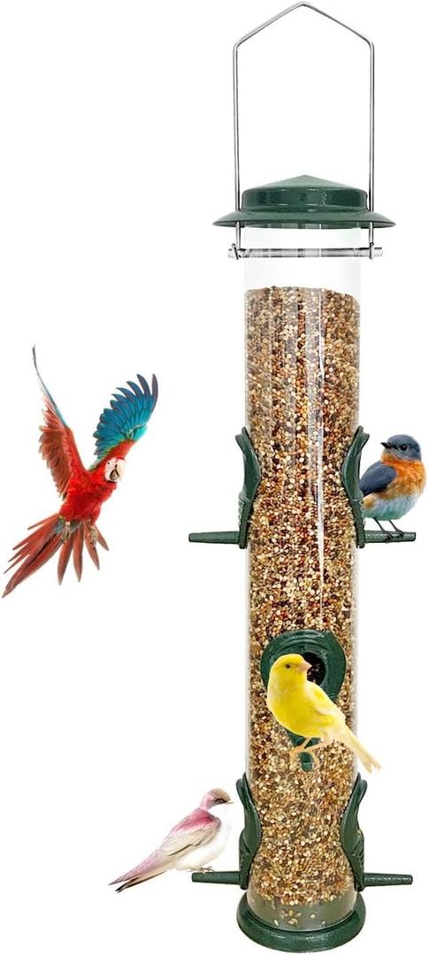 MIXXIDEA 1PK Metal Bird Feeders with 6 Feeding Ports,Tube Bird Feeder with Steel Hanger,Hard Plastic Wild Bird Feeder for Outdoors Hanging, Attracting Birds in Your Lawn, Garden, BalconyGreen