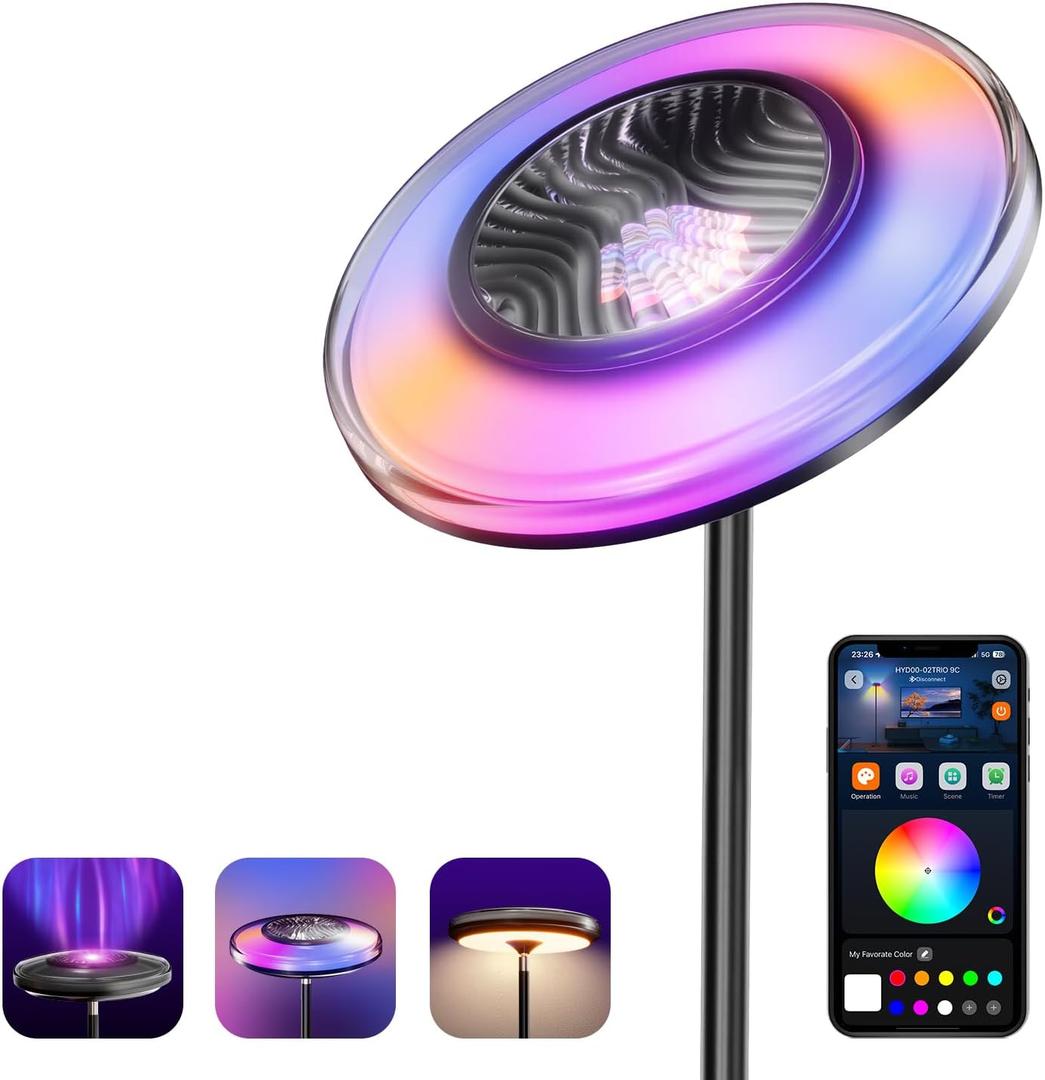 Smart Floor Lamp for Living Room, RGB+WW Ripple Projector, LED Corner Floor Light, Dimmable Tall Standing Lamp with App Control, Color Changing Mood Light & Eye-Care Reading Lamp for Bedroom