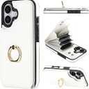 Folosu Compatible with iPhone 17 Case Wallet with Card Holder, 360Rotation Finger Ring Holder Kickstand, RFID Blocking Leather Protective Double Buttons Shockproof Cover 6.3 Inch White