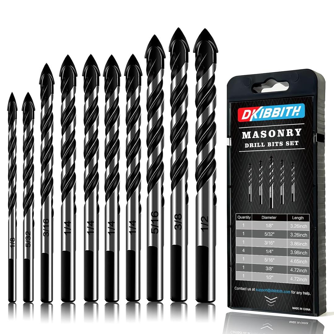 10-Piece Masonry Drill Bit Set for Concrete Tile Glass Ceramic Brick,1/8 to 1/2 Inch Drilling Bits with Triangle Handle,Tungsten Steel Alloy Tip.Black