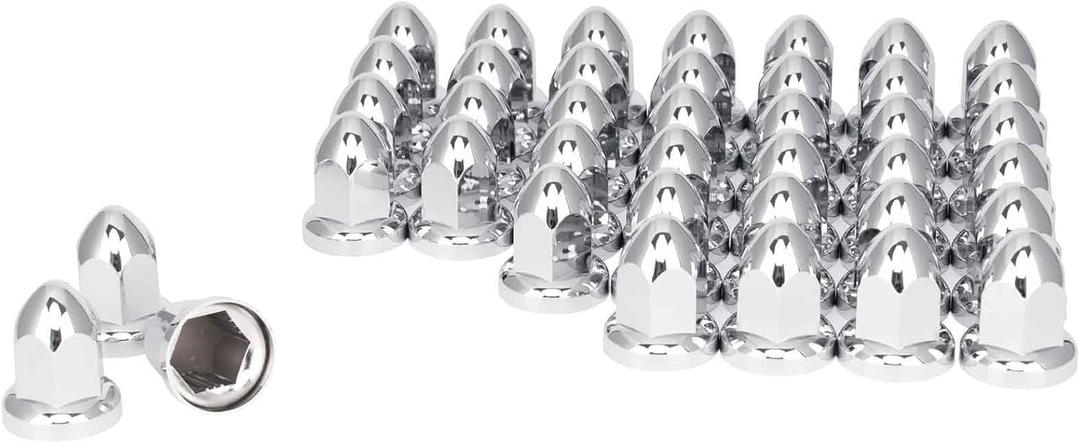 Chrome Lug Nut Covers 40 Pcs - 33mm Bullet Flanged ABS Plastic, Easy Push-On Installation, Anti-Rust Durability, Precision Fit for Semi Truck Wheels