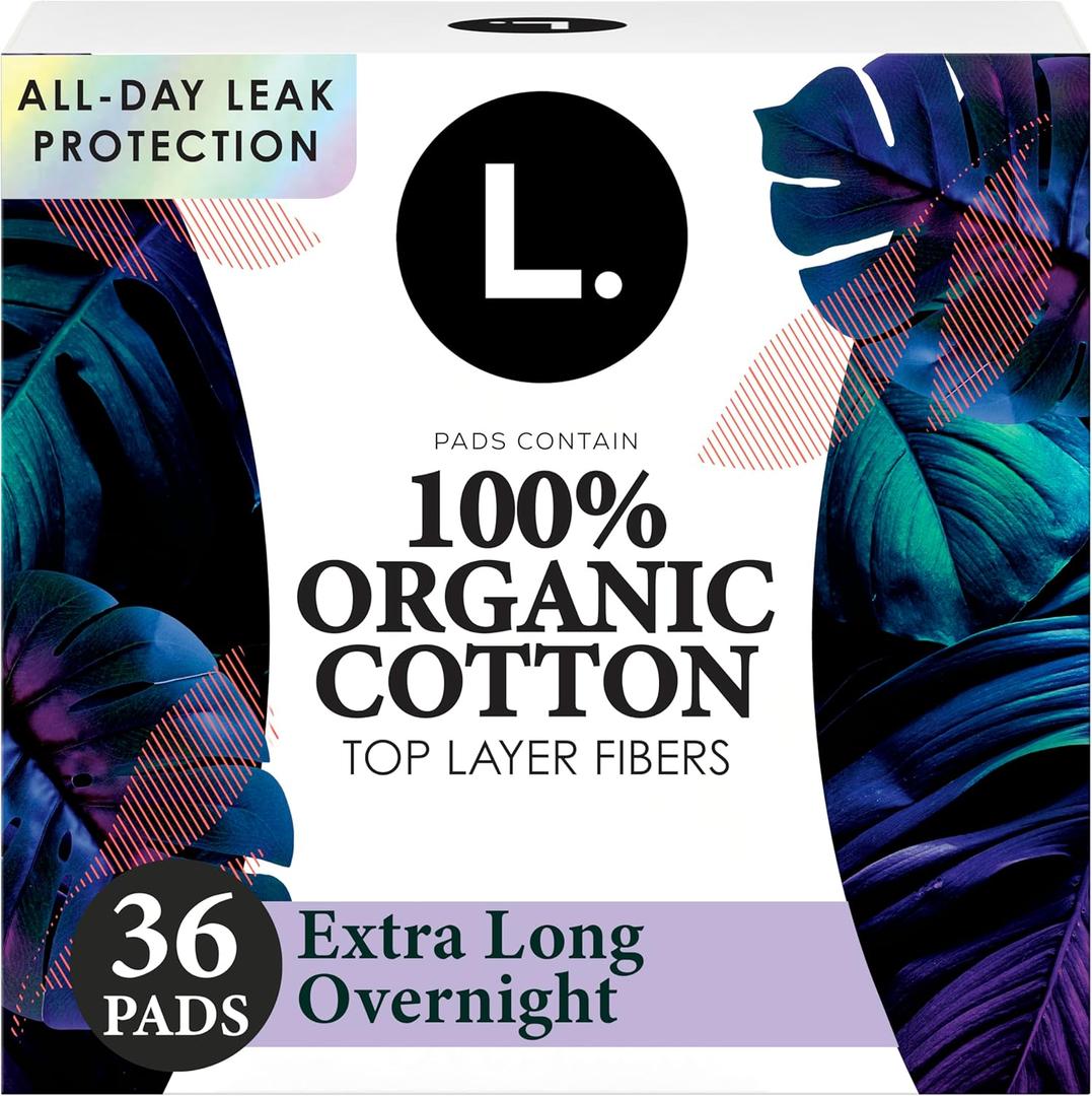 L. Ultra Thin Pads for Women, Organic Cotton Top Layer, Overnight Absorbency, Menstrual Pads with Wings, Made Without Synthetic Pesticides and Fragrances, 36 Count