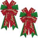 2 Pack Christmas Wreath Bows Christmas Decor Bows Glitter Green Red Words Ribbon Bows for Wreath, Xmas Tree Topper Bows for New Year Party Decoration Home Indoor Outdoor Wreath Ornament Supplies