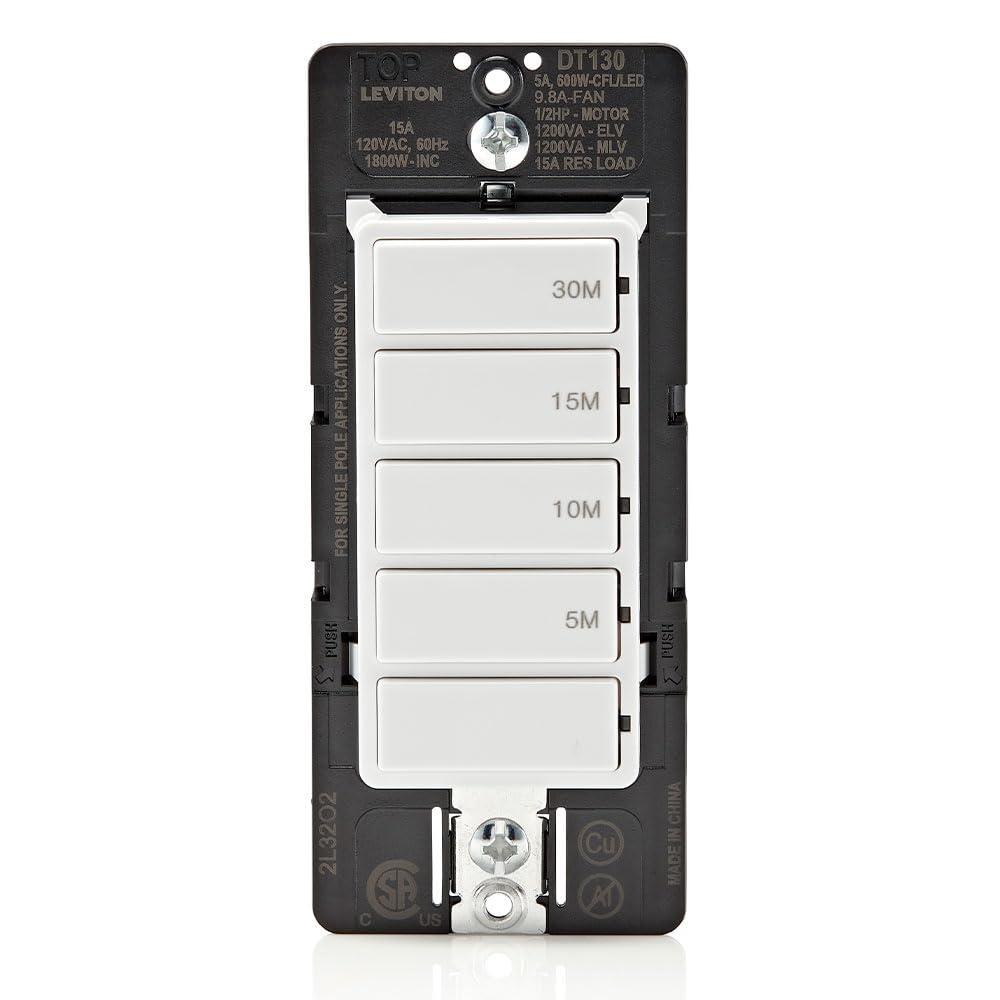 Leviton Countdown Timer Switch for bathroom fan and household lights, 5-10-15-30 min, No Neutral Required, Single Pole, 15A, 1/2 HP/9.8A Fan/Motor, DT130-1LW, White