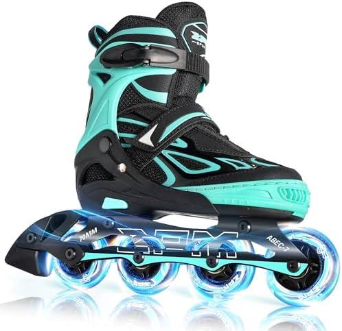 2PM SPORTS Vinal Girls Adjustable Flashing Inline Skates, All Wheels Light Up, Fun Illuminating Skates for Kids Men Adult Women and Boys, 6.5