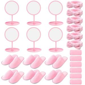 Twistover 24 Pcs Girls Spa Party Supplies for Kids Christmas Foot Spa Birthday Party Favors Include 6 Mirrors 6 Bow Headbands 6 Disposable Slippers 6 Towels for Sleepover Slumber Xmas Gifts(Pink,S)