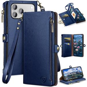 XcaseBar Compatible with iPhone 17 Pro 6.3" Wallet case with Zipper Credit Card HolderRFID Blocking,Flip Folio Book PU Leather Phone case Shockproof Cover Women Men for Apple 17 Pro case Blue