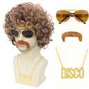 70s 80s Disco Costume Wig Set for Men - Afro Curly Wig with Mustache, Gold Sunglasses & Disco Necklace, Halloween Cosplay 70s Party Outfit Accessory (Blonde Mixed Brown)