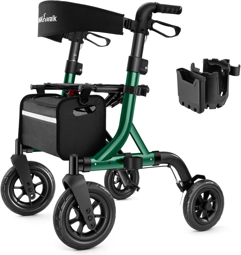 MAXWALK Walkers for Seniors, Rollator Walker with Seat, 10" Rubber Wheels All Terrain Rollator Walker with Backrest, Aluminum Walkers Built-in Cable, Foldable and Adjustable Height for Seniors, Green