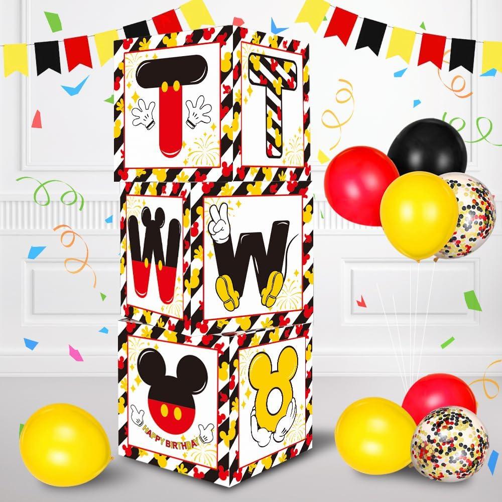 TONIFUL Mouse 2nd B-Day Party Supplies Red Yellow Black Balloon Box with Letters, Red Mouse Theme TWO Years Old Birthday Party Favors for Second Birthday Decoration