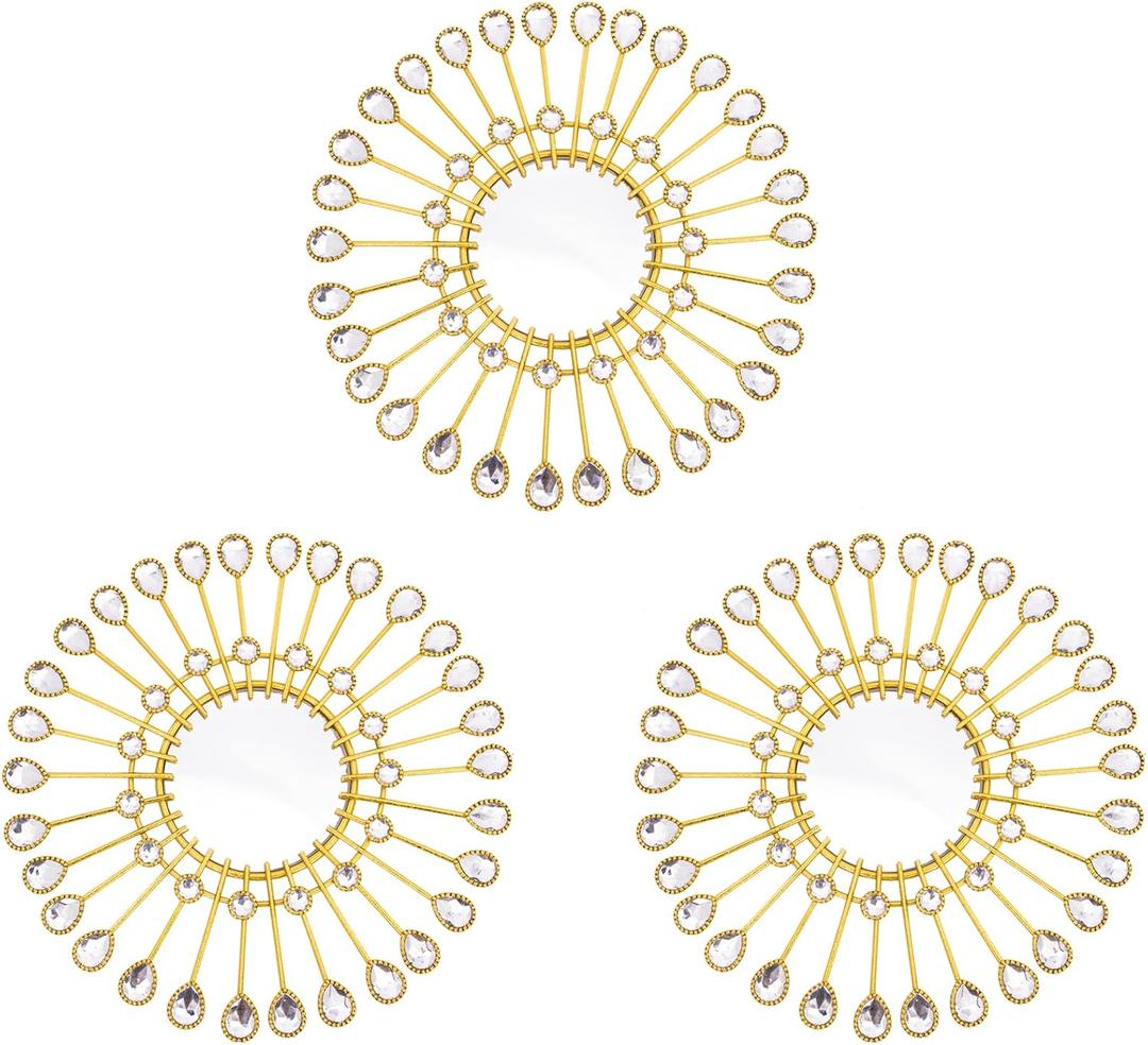 Gold Mirrors - Sunburst Valentine Wall Art, Decorative Round Mirrors for Valentine Bedroom, Living Room, Bathroom, Kitchen, Entryway, Hallway - Set of 3