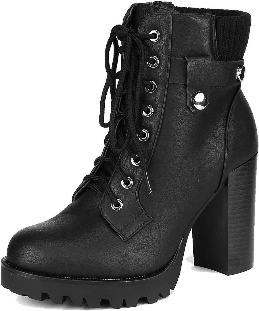 DREAM PAIRS Women's Lace up Combat Ankle Boots High Chunky Heel Fashion Heeled Booties Shoes (9.5, Black)