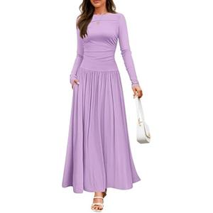 ZESICA Women's Long Sleeve Fall Maxi Dress 2025 Crewneck Knit Casual Slim Swing Pleated Dresses with Pockets M