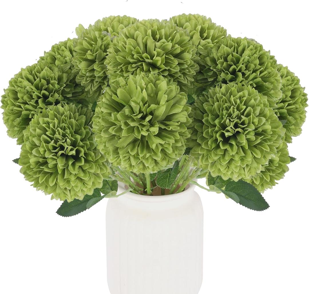 Hananona 12 Pcs Artificial Chrysanthemums Flowers Ball Flower, Fake Mums Flowers Green Silk Flowers for Home Decor Indoor Floral Arrangement St Patricks Day Table Centerpiece (12, Green)