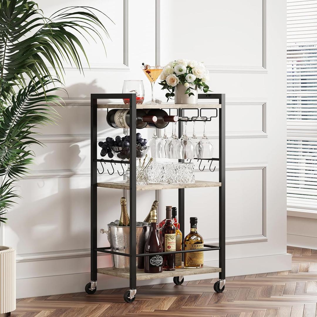 TUTOTAK Bar Cart, Home Bar Serving Cart, Small Wine Cart with 3Tier Shelf, Beverage cart, Drink Cart with Wine Rack and Glass Holder, Rolling bar carts for The Home, Living Room, Greige BC01BG035