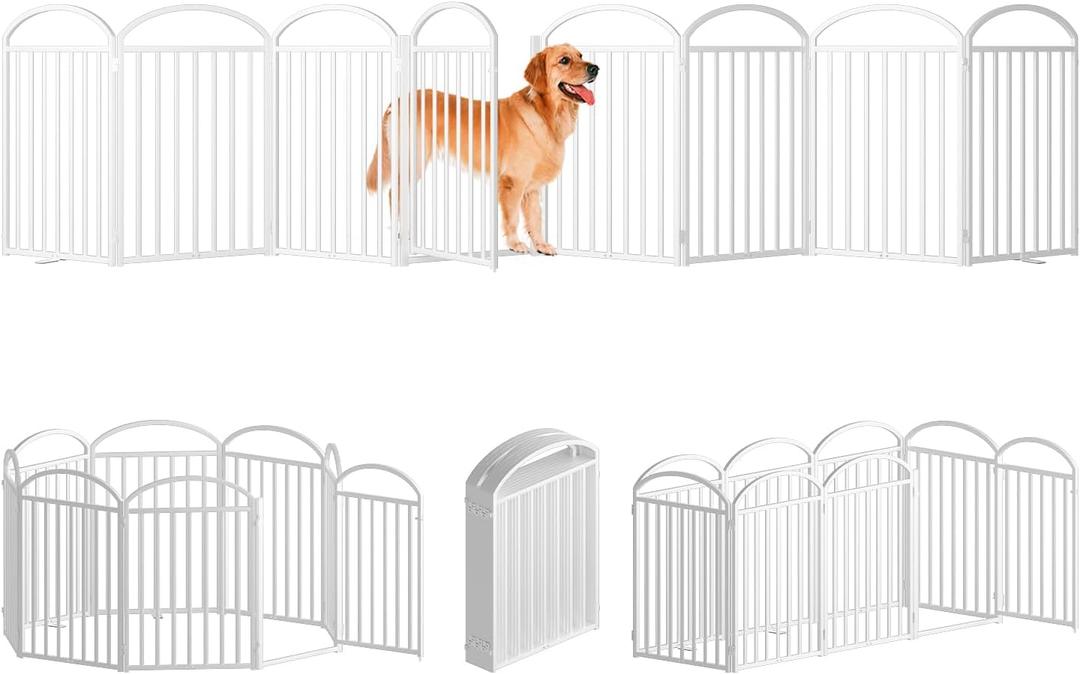 8 Panels Full Matel Freestanding Dog Gates with Door, 192"Extra Wide 32"Tall Free Standing Dog Pet Gate for Indoor & Outdoor. Foldable Pet Fences for Doorways, House, Stairs, Porch, Deck, Yard (White)