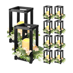 Hushee 12 Pcs Wooden Wedding Lantern Centerpiece Integrated Holders with Candles and Wreaths Rustic Wooden Candle Lantern Decor for Wedding Party Table Valentine Decor (Black)