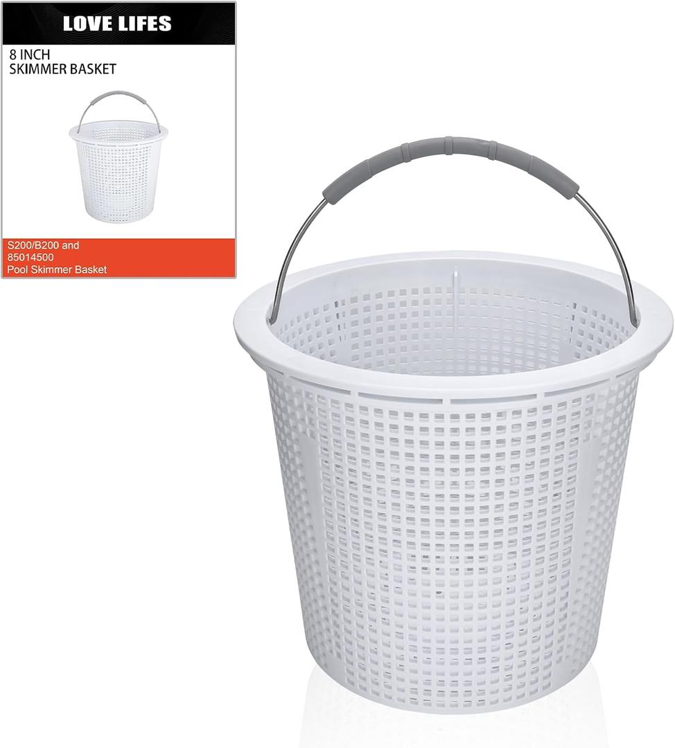 8 Inch Pool Skimmer Basket Compatible with Pentair 85014500 and S200/B200, Built-in Weight, Stainless Steel Handle with Rubber Grip