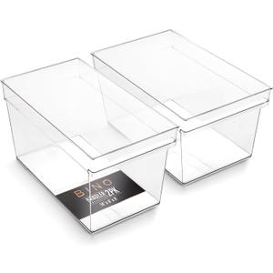 BINO | Plastic Storage Bins, Large - Deep | THE HANDLER COLLECTION | Multipurpose Organizer Bins | Kitchen Pantry Organizers and Storage | Clear Containers for Organizing Home | Freezer Organizer (2PK DEEP - LARGE - 14 x 8 x 8)