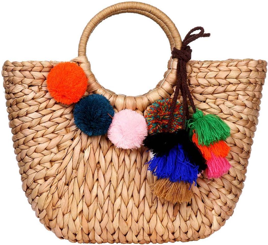 Summer Rattan Bag for Women Straw Hand-woven Top-handle Handbag Beach Sea Straw Rattan Tote Clutch Bags (Khaki Pink With Pendant)