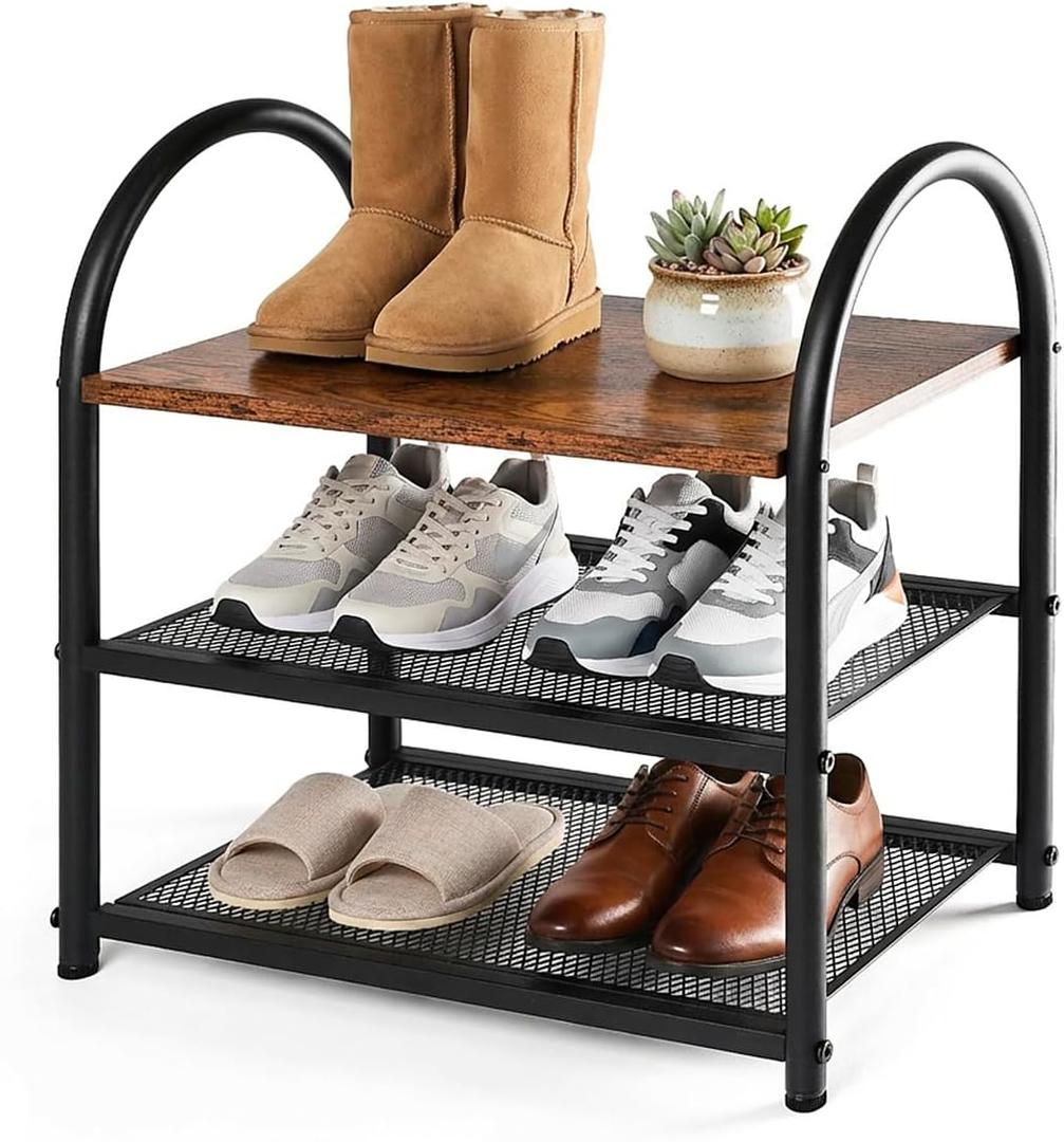 3-Tier Shoe Rack, Rustic Wood Look Shoe Organizer with Metal Frame and Mesh Shelves, Space-Saving for Entryway, Hallway, Bedroom (17.32" L x 10.24" W x 17.13" H)