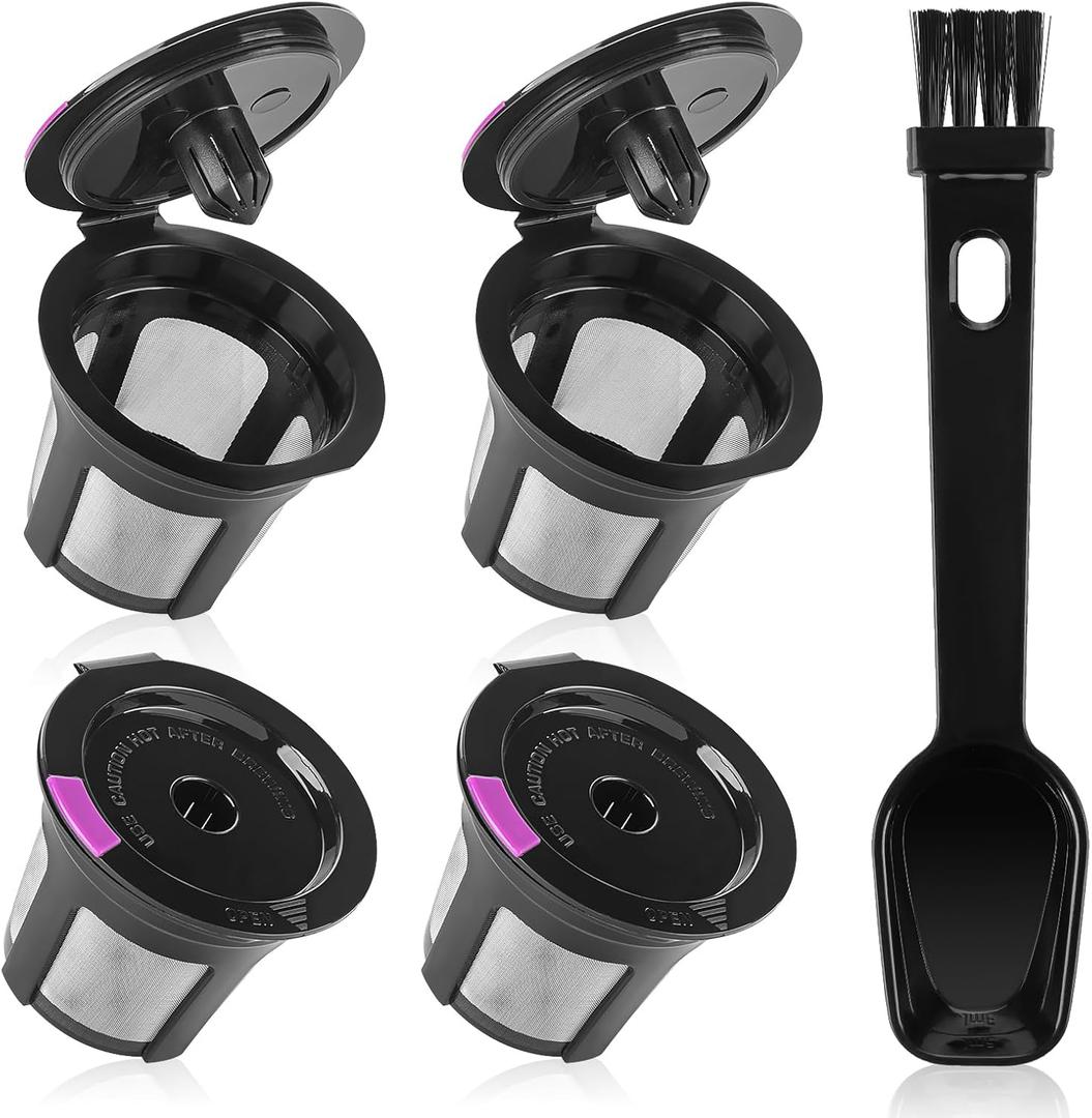 Reusable K Cups, 4 Pack Universal Fit Reusable Coffee Pods with Coffee Spoon, Refillable K Cups Coffee Filters with Food Grade Stainless Steel Mesh Fit for 1.0 and 2.0 Brewers Black
