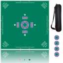 Qintan Mahjong Mat and Coasters Set, 32 x 32 Inch Anti Slip Table Cloth with Ancient Coin Pattern, Noise Reduction Surface for Poker, Bridge and Board Games, Includes Storage Bag - Green