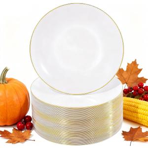 Nervure 100Pieces White with Gold Rim Plastic Plates - 7.5inch Disposable Gold Salad/Dessert Plate - White and Gold Plastic Plates Ideal for Wedding & Party & Thanksgiving