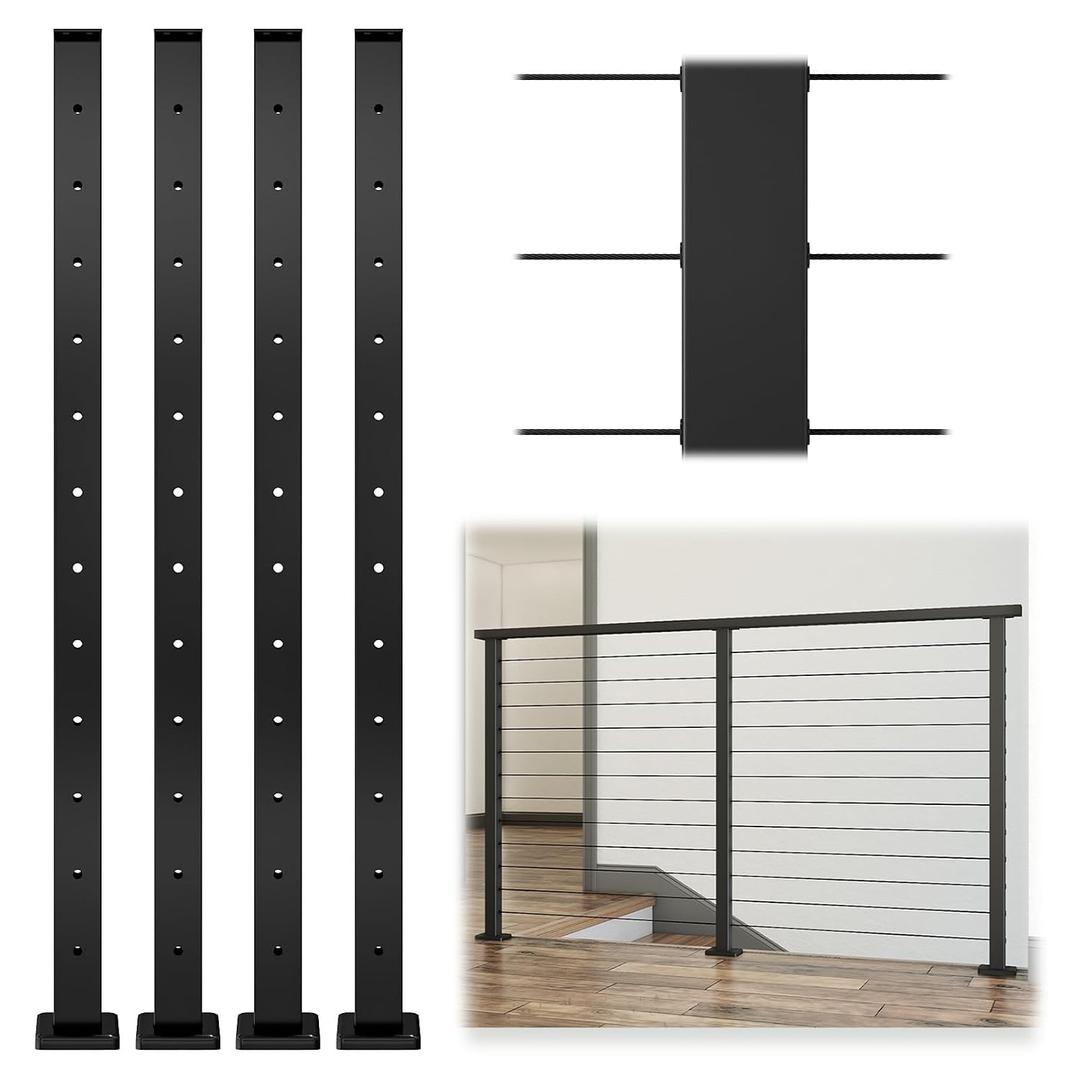 Muzata 4Pack Black Cable Railing Post 42 Inch 42"x2"x2" Level Drilled Surface Mount T304 Stainless Steel Cable Railing System Kit Indoor Outdoor with Paper User Guide PS02 BH4L