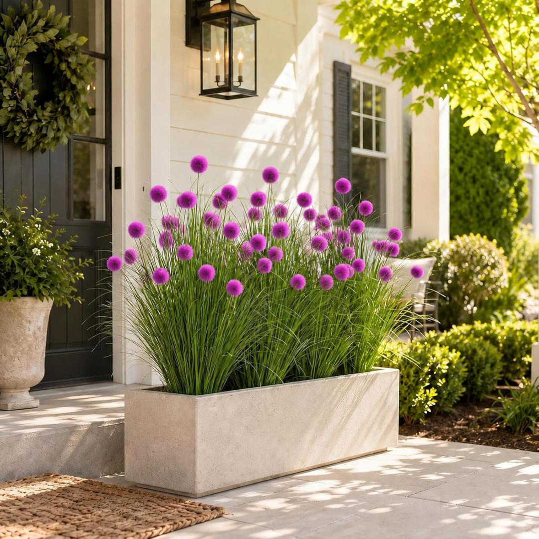 6 Pcs 3 Ft Artificial Tall Grass Plant with Purple Ball Flower for Outdoor