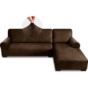 Sectional Couch Covers, Leather Look Sofa Cover L Shape 2PCS Soft Stretch Slipcover for Sectional Sofa, Non Slip Furniture Protector (3 Seat Sofa + 3 Seat Left Chaise, Coffee)