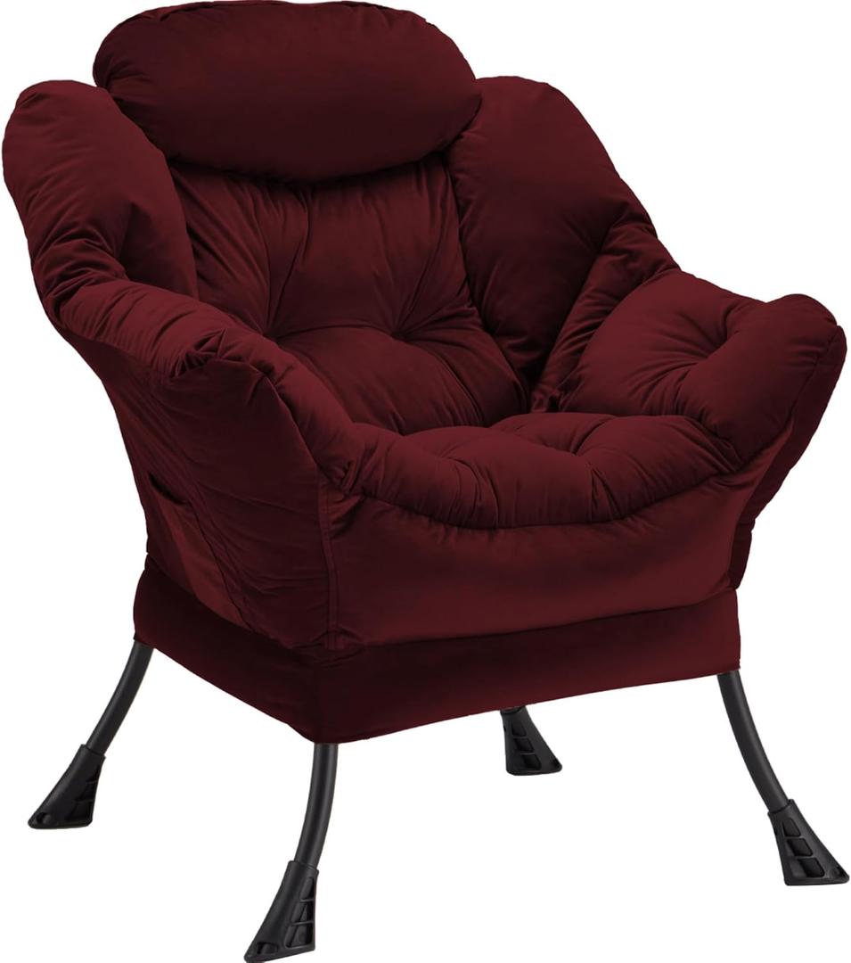 Lazy Chair Thick Padded, Comfy Velvet Accent Lounge Chair with Stable Frame, Leisure Sofa Armchair with Armrests and Side Pocket, Reading Chair for Bedroom, Living Room, Office, Burgundy