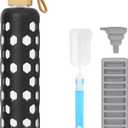 32 oz Glass Water Bottle with Bamboo Lid, Reusable Clear Drinking Bottles with Silicone Sleeve and Time Marker, Motivational Glass Tumbler with Funnel and Ice Tray, BPA Free (Black-1 Pack)