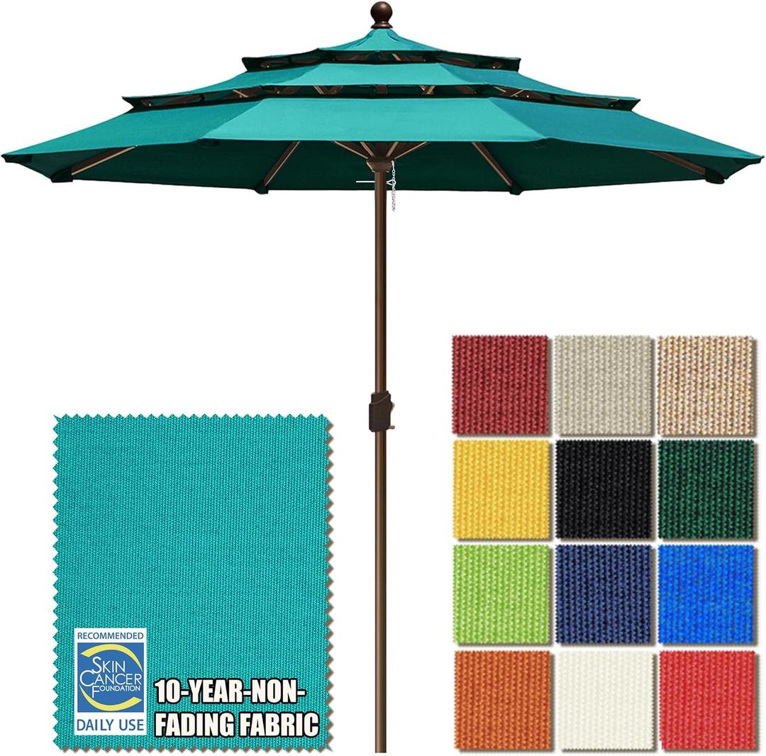 EliteShade USA 10-Year-Non-Fading 11ft 3-Tier Market Patio Umbrella, Commercial Grade Outdoor Table Umbrella with Crank Open, Windproof & UPF 50+ UV Protection, Heavy Duty Ventilation for Garden, Deck, Pool, Backyard, Beach & Bistro, No Tilt, Teal