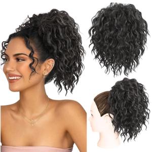 Messy Bun Hair Piece Yaki Textured Sweet Loose Wavy Curly Hair Bun Short Drawstring Ponytail Extensions Hair Toppers Synthetic Hairpieces Pony Tails Hair Extensions for Women(Black) (8 Inch, 1B)