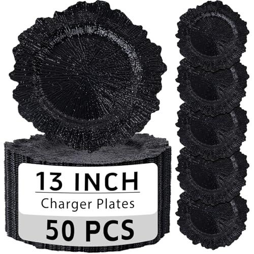 ejonirinjonir EI 50pcs Black Charger Plates With Reef High-end,13 Inch Black Chargers Heavy duty for Dinner Plates, Decorative Plate for Afternoon Tea,Wedding,Events,Business Events,Hotel Banquets