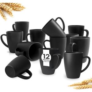 Teivio 12 Pack Wheat Straw Cups with Handle,Plastic 13.5 oz Squircle Mugs, Reusable Unbreakable Drinking Water Tumblers for Adults, Kids, Coffee, Camping,RV, Dishwasher Safe, Black