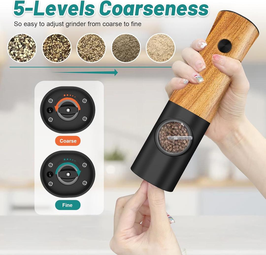 Electric Salt and Pepper Grinder Set - Automatic Battery Powered Salt Grinder Salt and Pepper Shakers Set Electric with Auto Light Adjustable For Gravity Operated Wood Grain Peppercorn Mill