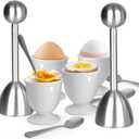 vibedor Egg Cups and Egg Cracker Set for Soft Boiled Eggs, 2 Stainless Steel Egg Cutter, 4 Stainless Stain Spoons and 4 Ceramic Egg Stands in Kitchen, Parties for Breakfast, Host
