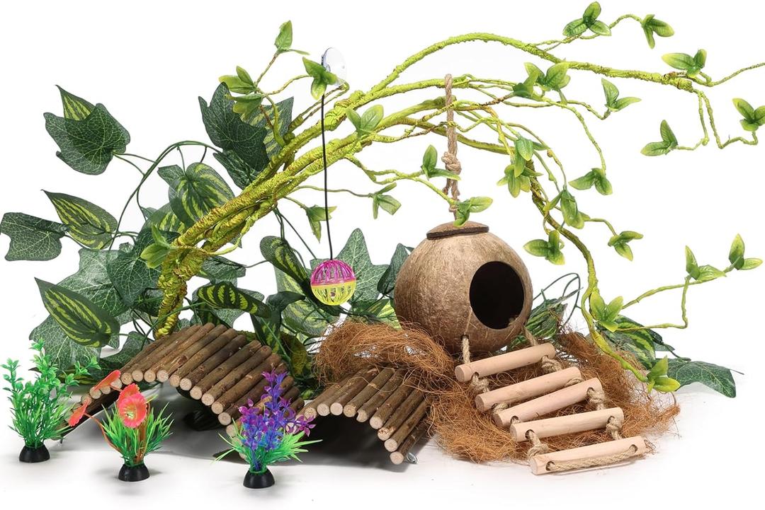 Crested Gecko Tank AccessoriesReptile Vines Plants with Coconut Shell Ladder Hideout Hermit Crab Decor for Bearded Dragon Lizard Chameleon Tortoise Snake