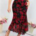 WDIRARA Women's Plus Size Floral Ruffle Hem Bodycon Midi Skirt Elastic Waist Fishtail Skirts